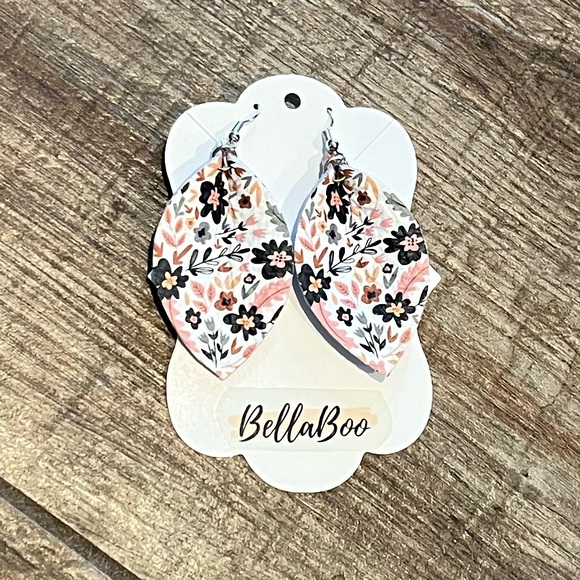 Leather Earrings Floral 2” Navy Pink White - Picture 1 of 4